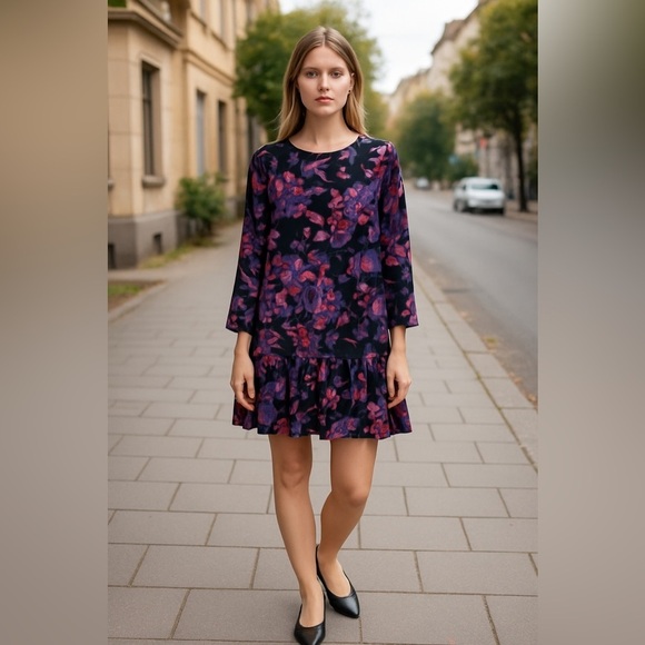 Allison Joy Evereve Floral Ruffle Dress Small Oversized Tunic Flounce Romantic - Picture 1 of 10